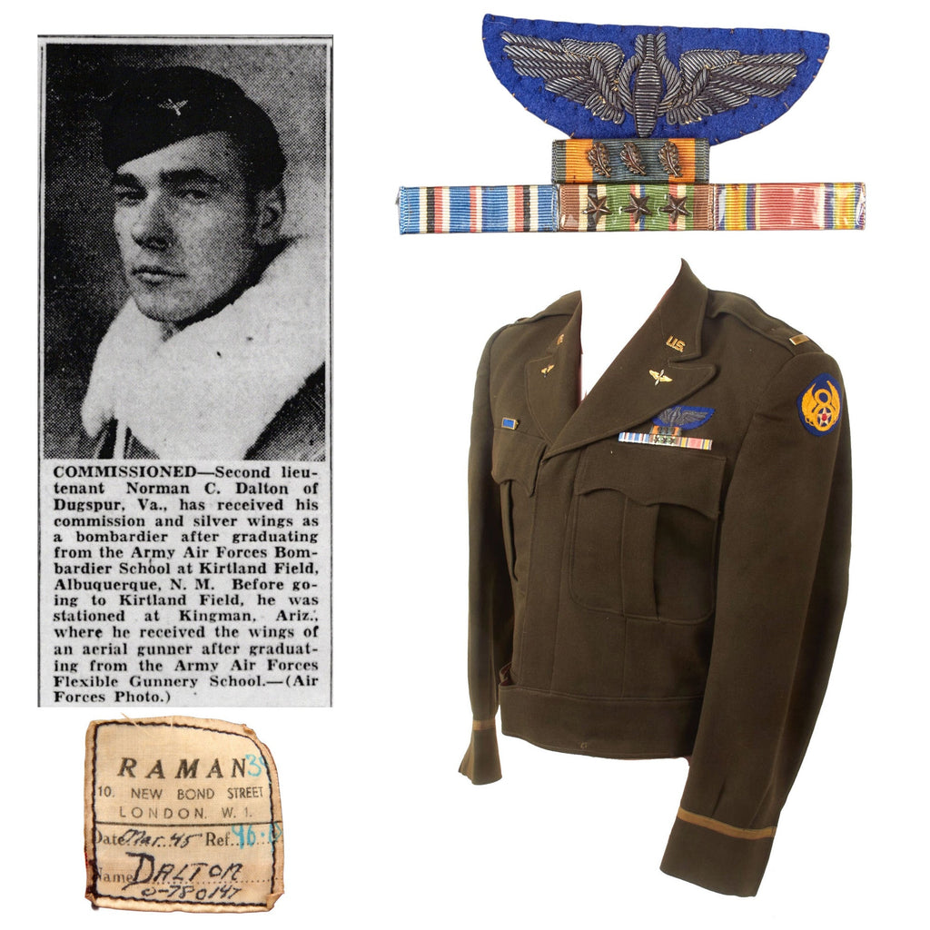Original U.S. WWII Named 8th Air Force British-Made Ike Jacket of Bombardier Lieutenant Norman C. Dalton with Red Lining & Bullion Wings Original Items