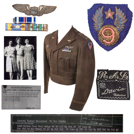 Original U.S. WWII Distinguished Flying Cross Recipient 9th Air Force P-47 Fighter Pilot Lieutenant Robert A. Latchin Ike Jacket with Bullion Patch & Wings with Folder of Research - 404th Fighter Squadron, 371st Fighter Group Original Items