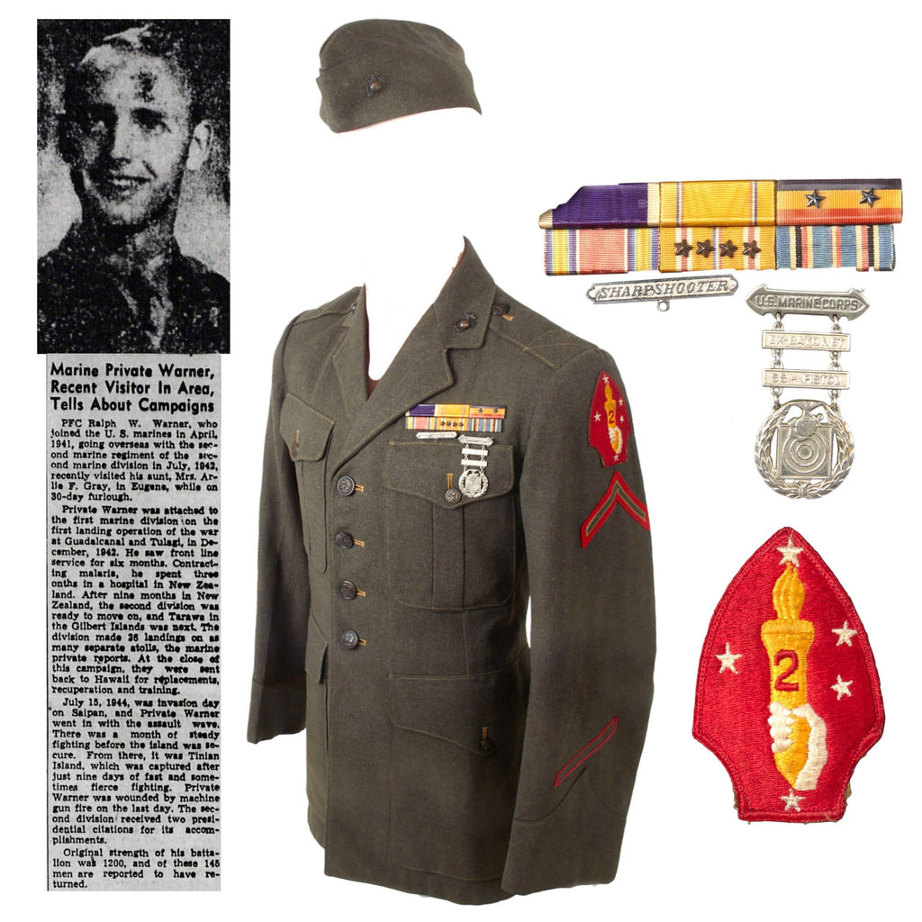 Original U.S. WWII Named USMC 2nd Marine Division Uniform & Garrison Cap - PFC & Band Member Ralph W. Warner, 2nd Marine Regiment Original Items