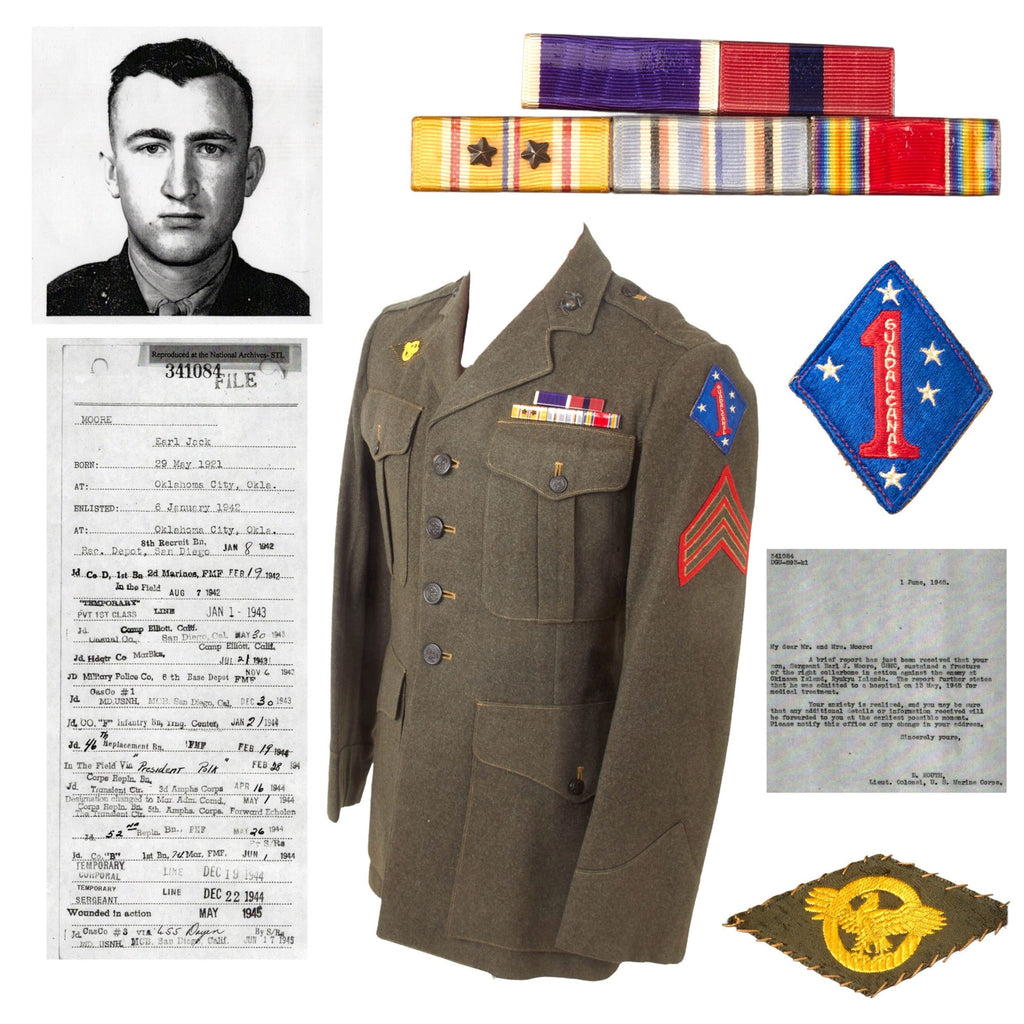 Original U.S. WWII Named USMC 1st Marine Division Uniform & Trousers with Folder of Research - Wounded at Okinawa - Sergeant Earl Jack Moore, 7th Marine Regiment Original Items