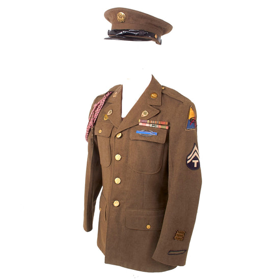 Original U.S. WWII 745th Tank Battalion 1st Infantry Division Uniform Jacket & Visor Cap with Theater-Made Armored Patch Original Items