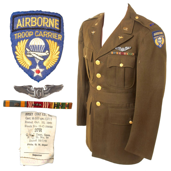 Original U.S. WWII Airborne Troop Carrier Glider Pilot Flight Officer’s Uniform Jacket & Trousers with Sterling Glider Wings - Dated 1941 Original Items