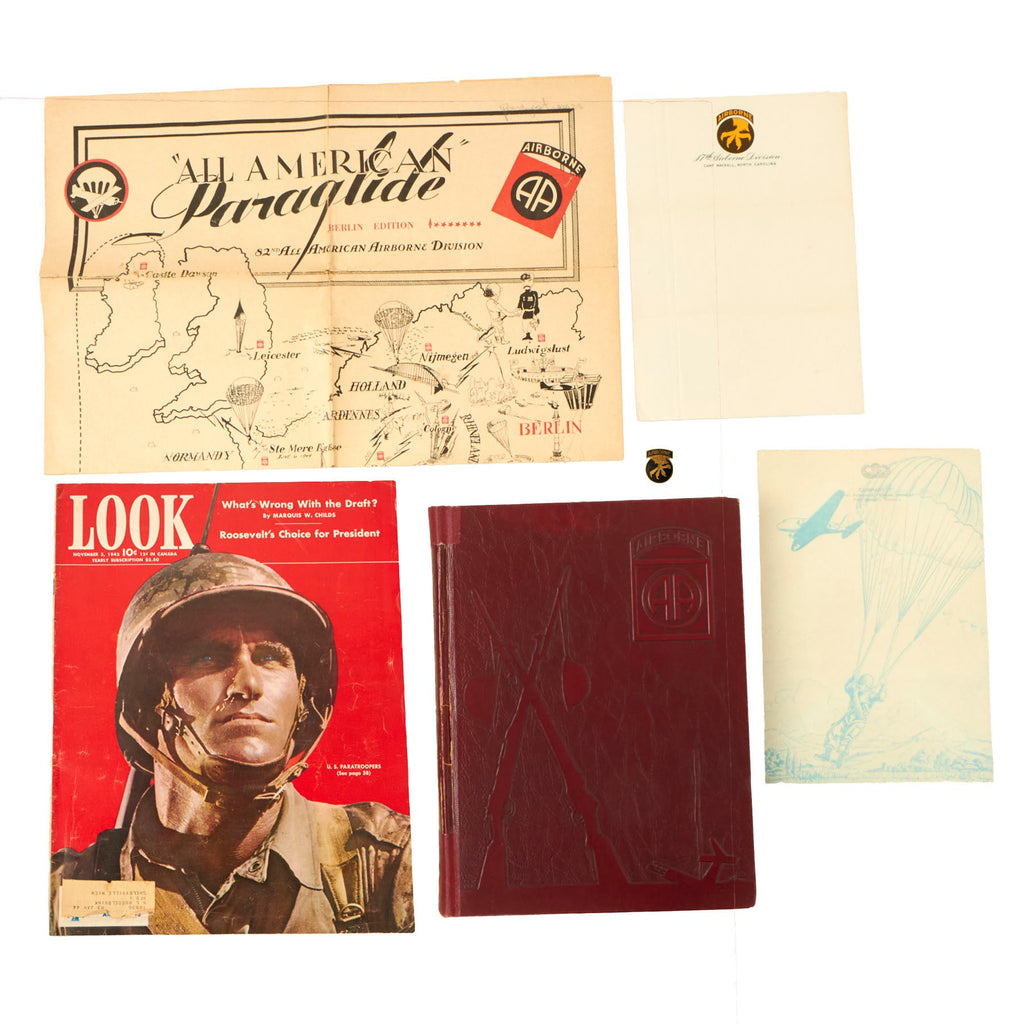 Original U.S. WWII Airborne Ephemera Lot with “Saga of the All-American” 82nd Airborne History & All-American Paraglide Map Original Items