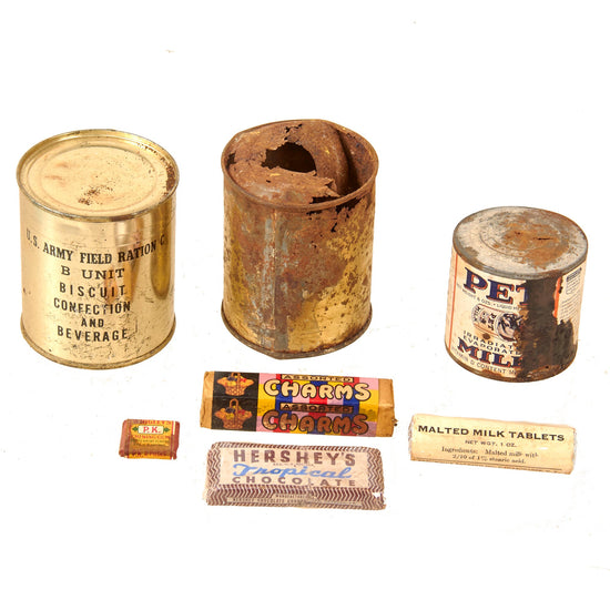 Original U.S. WWII Ration Lot Including Sealed Assorted Charms & Field Ration C Biscuit Confection - Hershey’s Tropical Chocolate and Empty Tins Original Items