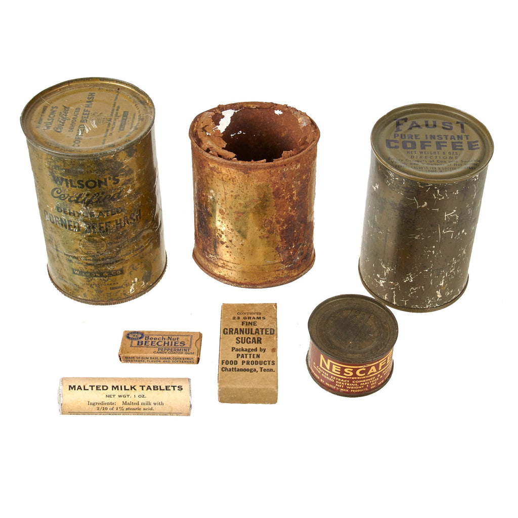 Original U.S. WWII Ration Lot Including Sealed Malted Milk Tablets & Nescafe Coffee Extract - Coffee & Food Ration Cans Original Items
