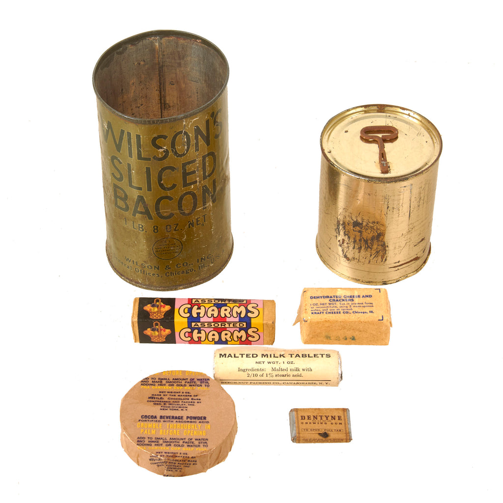 Original U.S. WWII Ration Lot Including Sealed Assorted Charms & Field Ration C Biscuit Confection - Malted Milk Tablets & Cocoa Beverage Powder Original Items