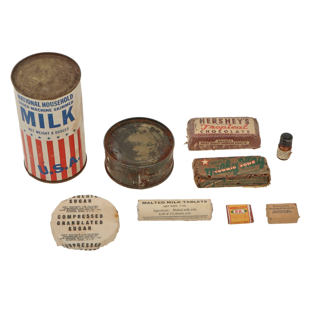 Original U.S. WWII Ration Lot Including Sealed Malted Milk Tablets & Wrigley’s PK Gum - Hershey’s Tropical Chocolate and Dried Milk Original Items