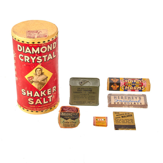 Original U.S. WWII Wartime Ration Lot Including Sealed Diamond Crystal Shaker Salt & Hershey’s Tropical Chocolate - Charms Candy & Wrigley’s Chewing Gum Original Items