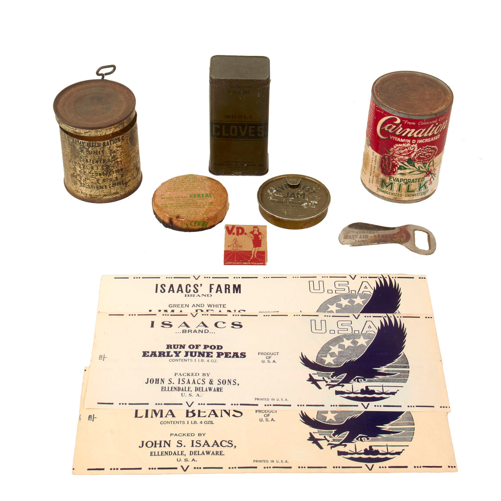 Original U.S. WWII Personal Effect Items Lot Including VD Matchbook Sealed Everbest Jam, White Cloves, and Opened Field Ration C with Biscuits Original Items
