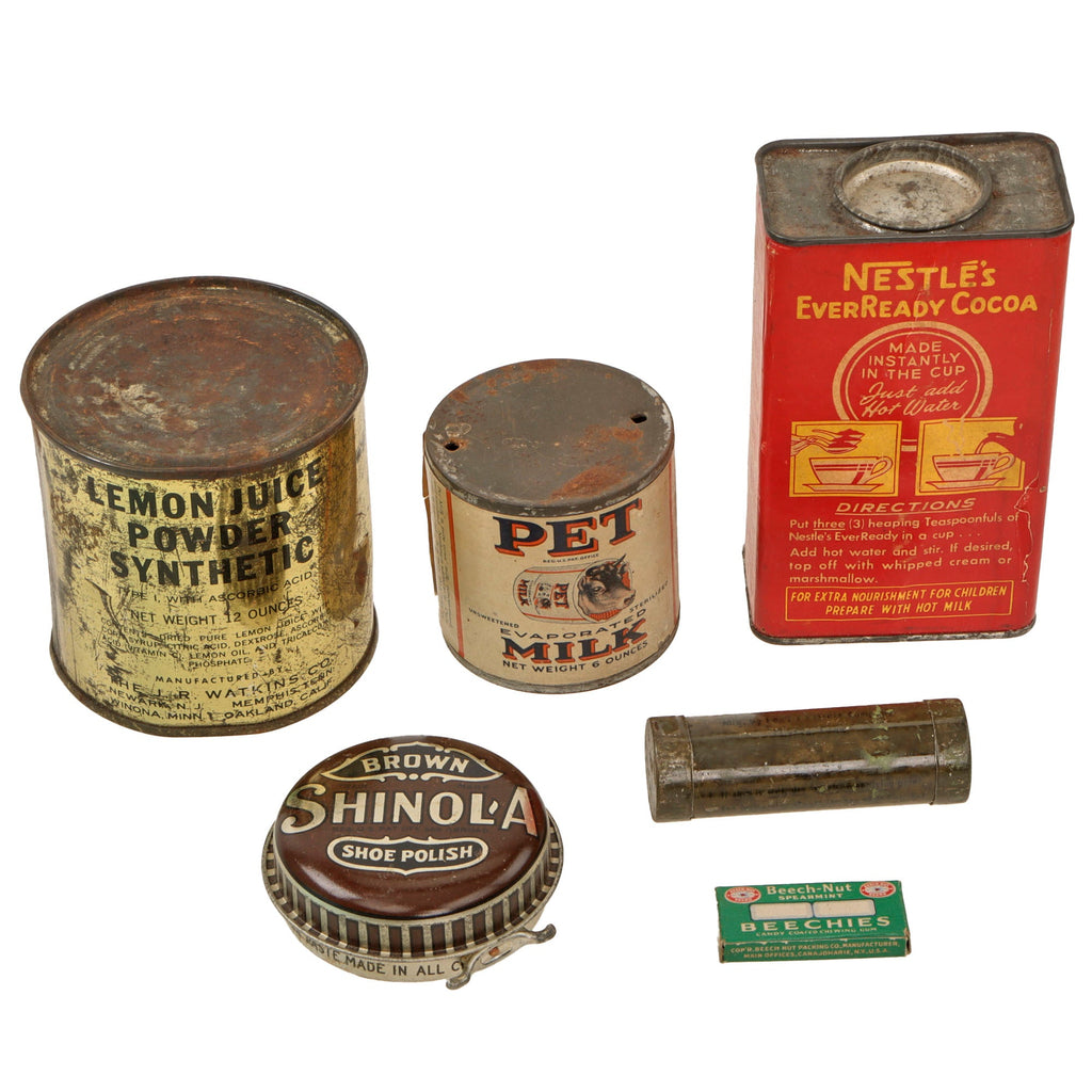 Original U.S. WWII Ration Lot Including Sealed Lemon Juice Powder & Shoe Polish - Hershey’s Tropical Chocolate and Dried Milk Original Items