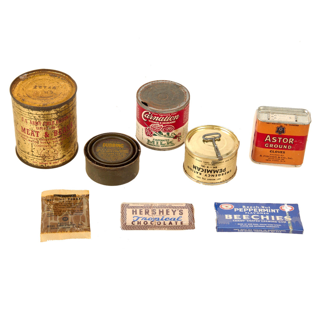 Original U.S. WWII Ration Lot Including Sealed Pemmican & Beechnut Peppermint Gum - Hershey’s Tropical Chocolate and Empty Tins Original Items