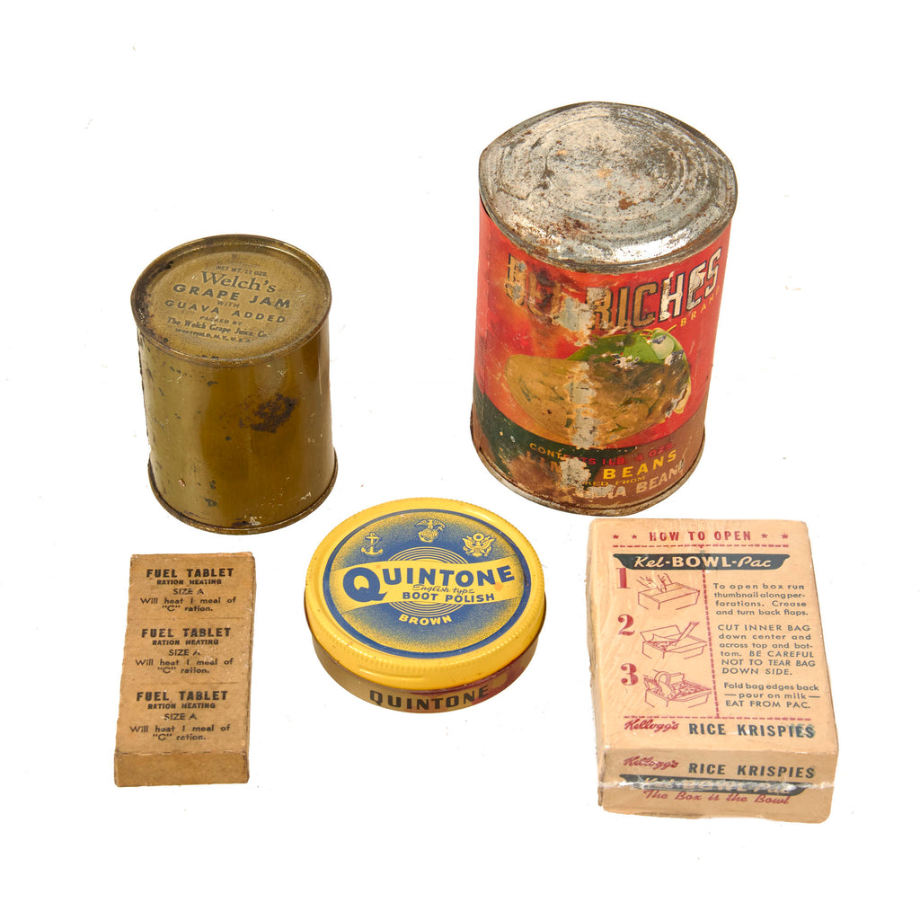 Original U.S. WWII Personal Effect Items Lot Including Welch’s Grape Jam Tin, Expanding Lima Beans Can, Fuel Tablets, and Boot Polish Original Items