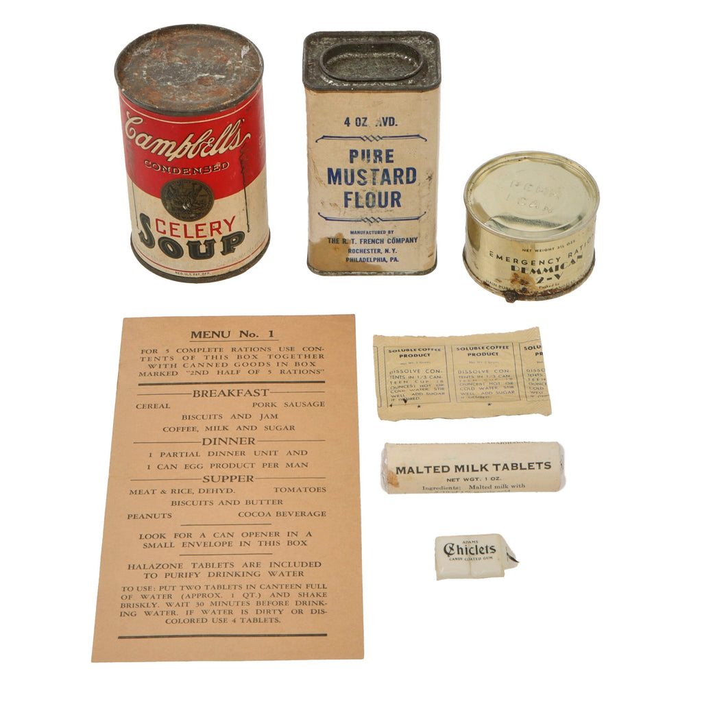 Original U.S. WWII Ration Lot Including Sealed Pemmican & Campbell’s Celery Soup - Malted Milk Tablets, Gum, and Pure Mustard Flour Original Items