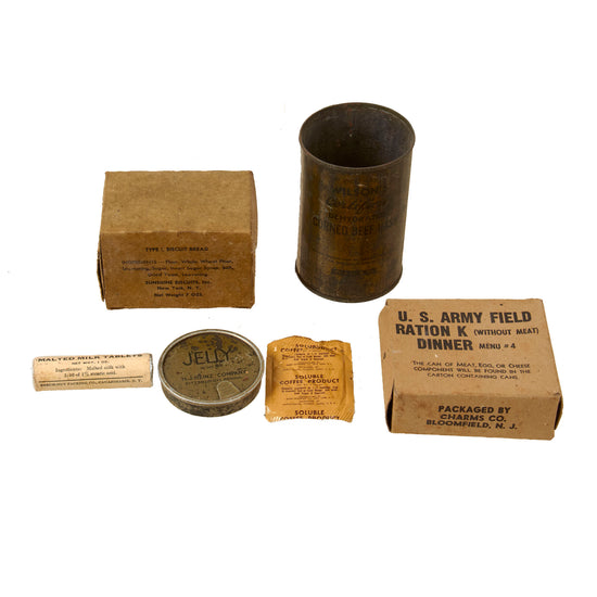 Original U.S. WWII Ration Lot Including Sealed Malted Milk Tablets & Soluble Coffee Product - Jelly Tin & Field Ration K Dinner Box