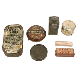 Original U.S. WWII Ration Lot Including Opened Emergency Parachute Ration with Malted Milk Tablets, Hershey’s Tropical Chocolate, Foot Powder and Pemmican - Shoe Polish & Corned Pork Loaf