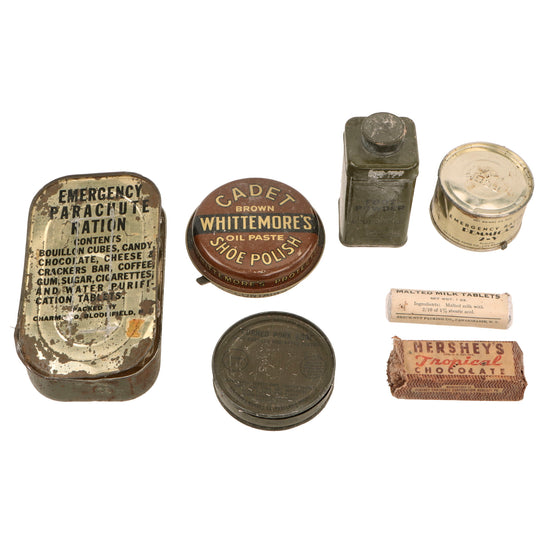 Original U.S. WWII Ration Lot Including Opened Emergency Parachute Ration with Malted Milk Tablets, Hershey’s Tropical Chocolate, Foot Powder and Pemmican - Shoe Polish & Corned Pork Loaf Original Items