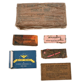 Original U.S. WWII Ration Lot Including Sealed Soldier’s Field Ration D & K,  Malted Milk Tablets, & Brach’s Caramels