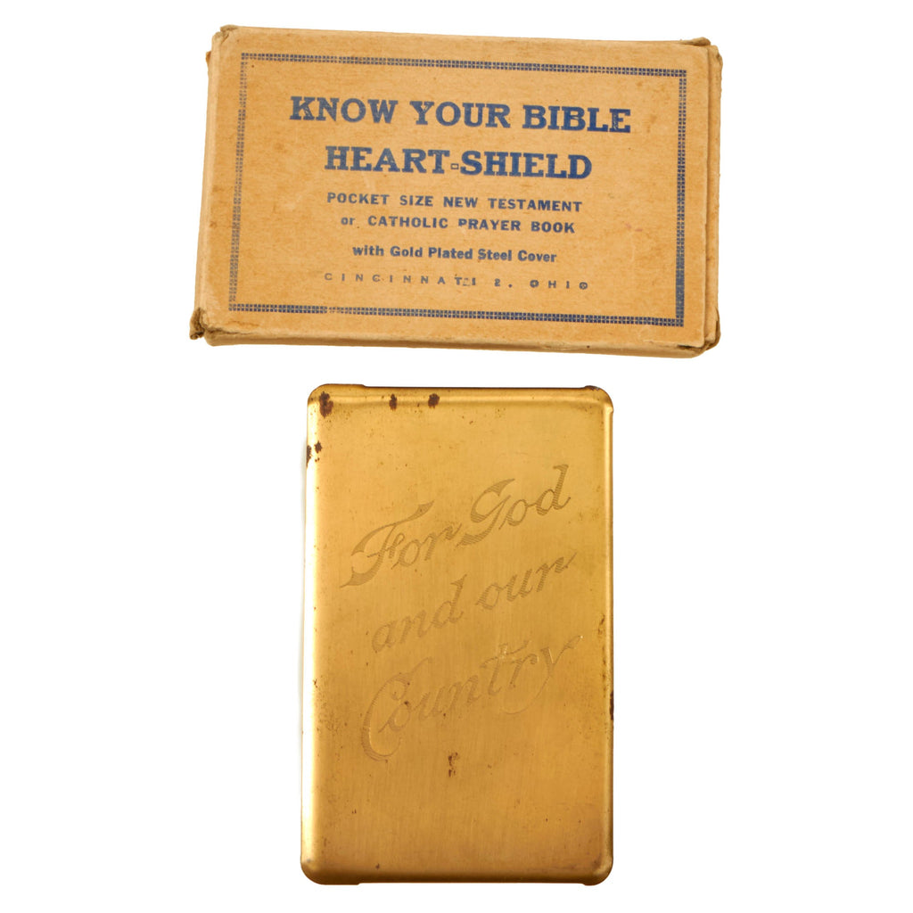 Original U.S. WWII “For God and our Country” New Testament Gold-Plated Heart-Shield Breast Pocket Bible in Original Box Original Items