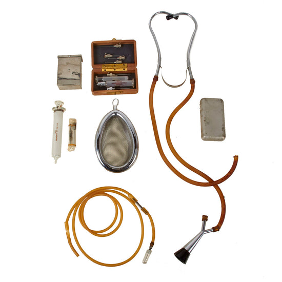 Original U.S. WWII Medical Equipment & Supplies Lot with Stethoscope and Syringe Sets - Needle Sterilizer Original Items