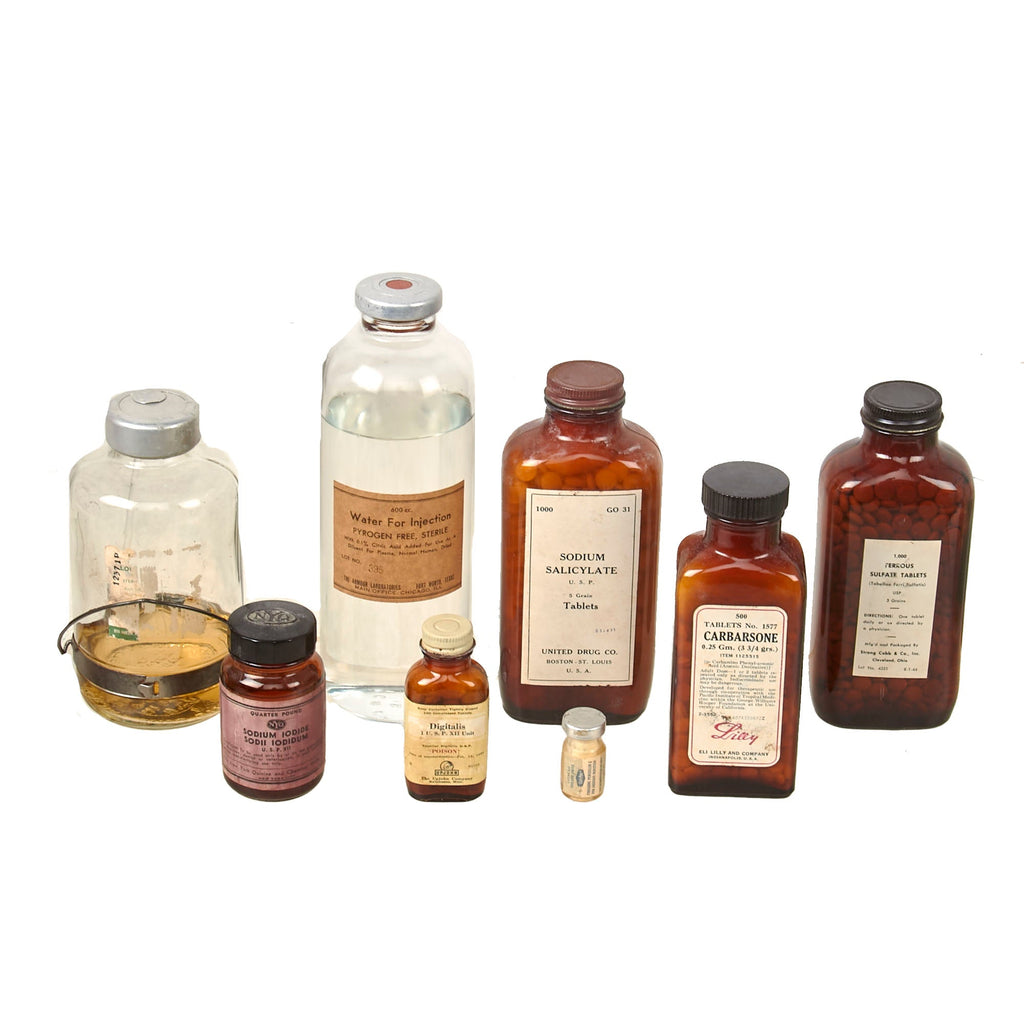 Original U.S. WWII Era Lot of Bottles of Medicine & Medical Supplies - Sulfate & Carbarsone Tablets & Sodium Iodide Original Items