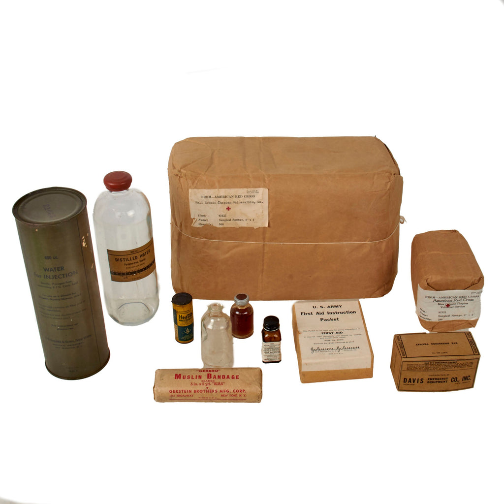 Original U.S. WWII Medical Supplies Lot with American Red Cross Surgical Sponges in Original Packaging & Water for Injection Original Items