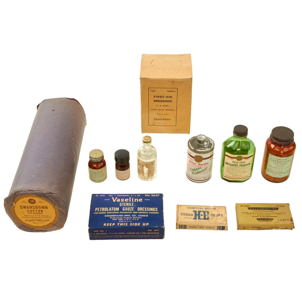 Original U.S. WWII Medical Equipment & Supplies Lot with 10 Carlisle Model First Aid Dressings in Box Original Items