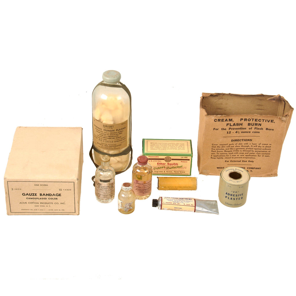 Original U.S. WWII Medical Equipment & Supplies Lot with Full Box of Gauze Bandages & Human Plasma Bottle Original Items