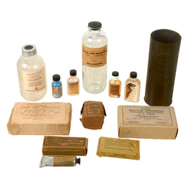 Original U.S. WWII Medical Equipment & Supplies Lot with Blood Bottle, Athlete’s Foot Solution, Bandages, and Sulfathiazole - 12 Items Total