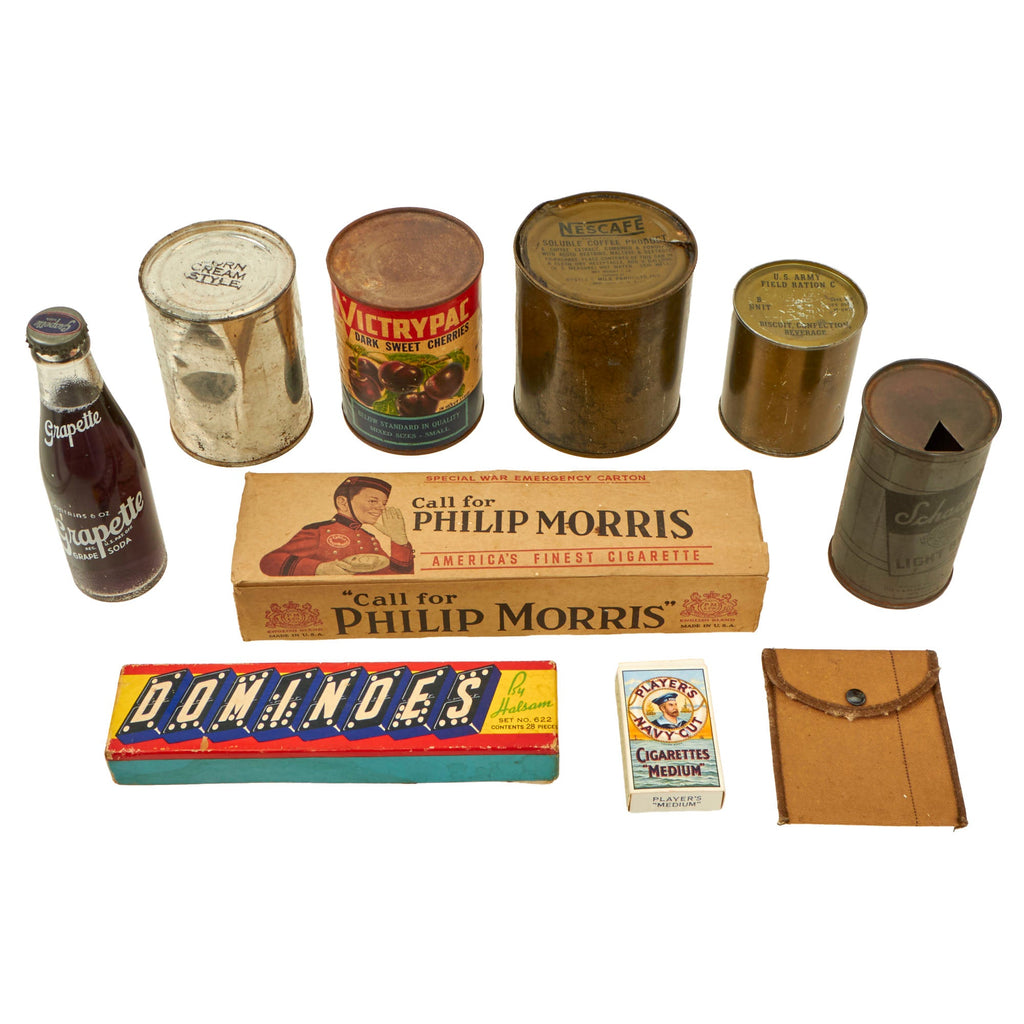 Original U.S. WWII Personal Effect Items Lot Including Sealed 1946 Bottle of Grapette Soda, Sealed Cream Corn & Various Ration Tins with Philip Morris Carton Original Items