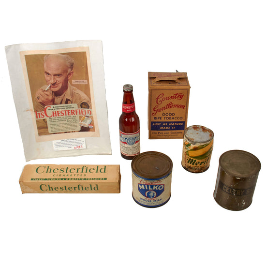 Original U.S. WWII Personal Effect Items Lot Including 1942 Budweiser Beer Bottle, Sealed Cream Corn & Various Ration Tins & Boxes Original Items