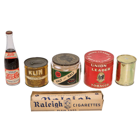 Original U.S. WWII Personal Effect Items Lot Including Sealed Bottle of Pepsi Cola Soda, Sealed Creamed Corn & Powdered Whole Milk with Tobacco Containers Original Items
