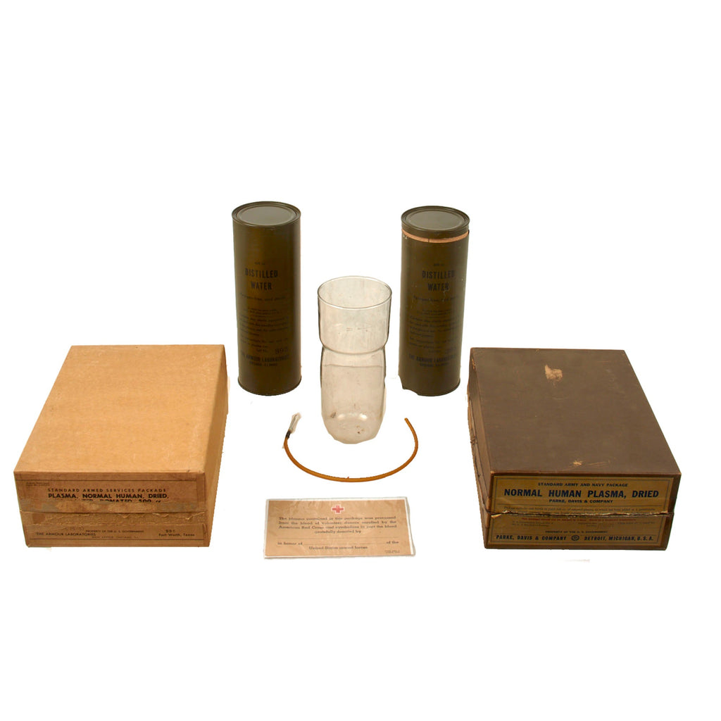 Original U.S. WWII American Red Cross Donated Plasma Lot - Box with Two Tubes of Distilled Water & Box with Glass & Tube Original Items