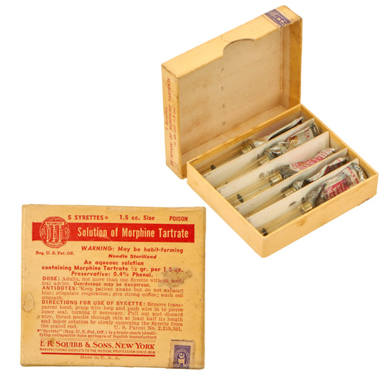 Original U.S. WWII Combat Medic Set of Five EMPTY Morphine Syrettes in Original Box by E.R. Squibb & Sons of New York - Rare Original Items