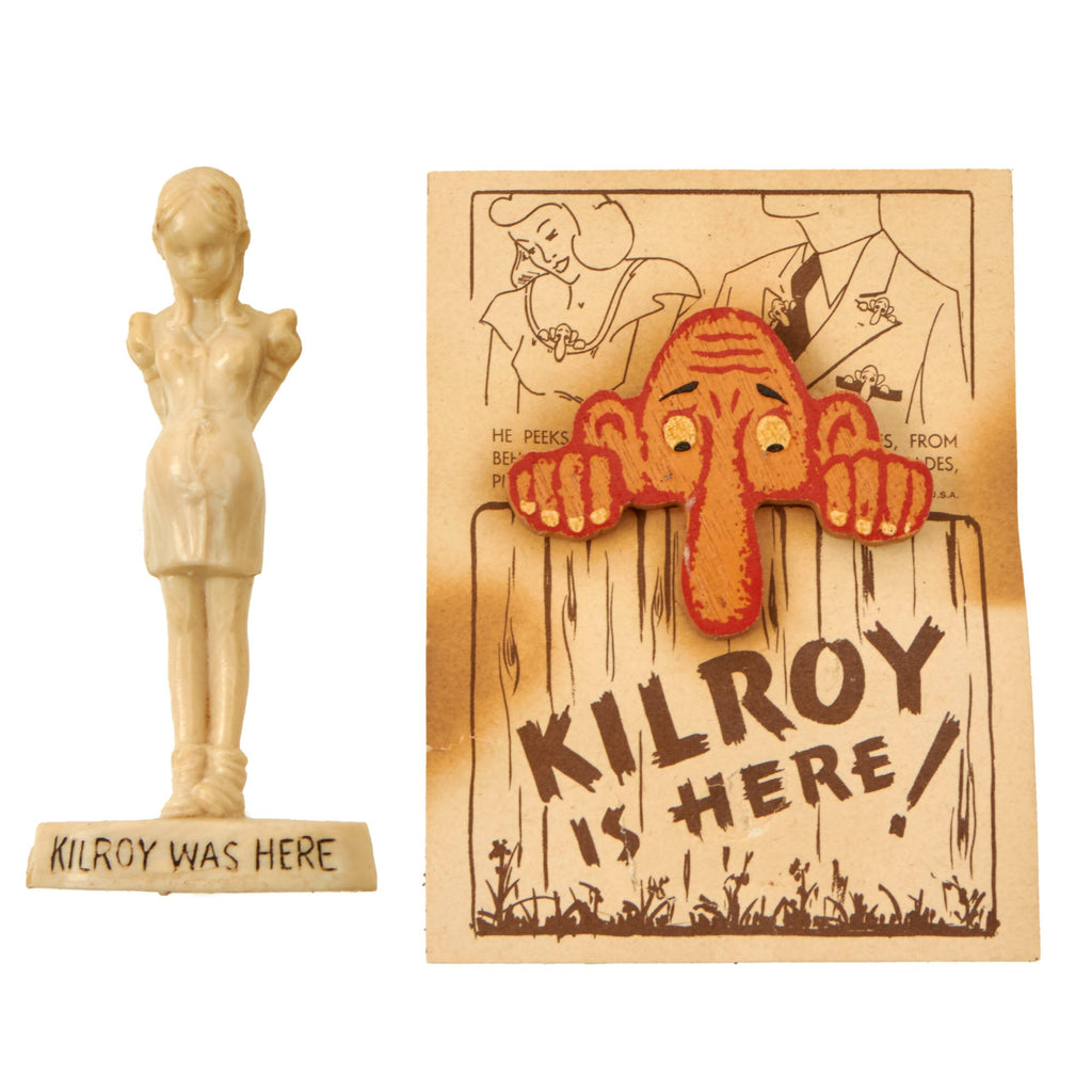 Original U.S. WWII Era “KilRoy Was Here” Small Pregnant Figurine by Hartland Plastics & Wooden Pin with Card Original Items
