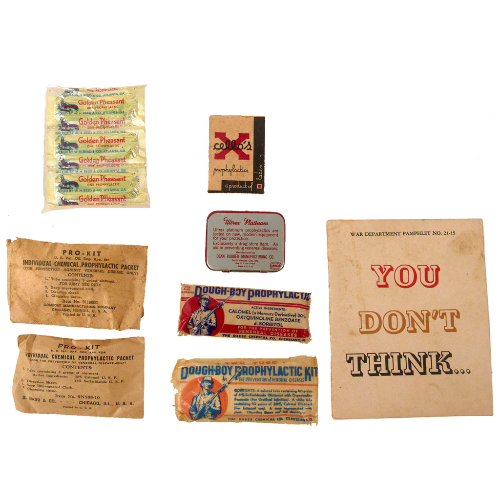 Original U.S. WWII & Early Postwar Venereal Disease Prophylactic Grouping with 1944 War Department “You Don’t Think” Pamphlet, Army Pro-Kits, Dough-Boy Kits & Period Prophylactic Original Items