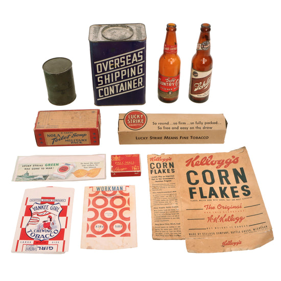 Original U.S. WWII Personal Effect Items Lot Including Sealed Pack of Nola Toilet Soap, Creamed Corn Can, and Cigarette Box Original Items