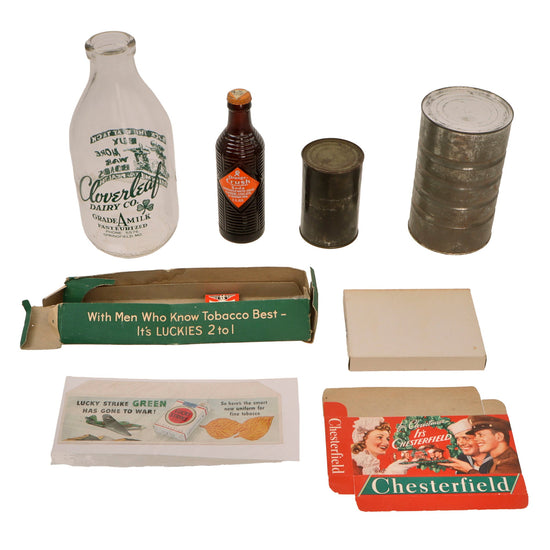 Original U.S. WWII Personal Effect Items Lot Including Sealed Bottle of Orange Crush Soda, Sealed Coffee & Egg Mix Tins with War Bonds Milk Jug Original Items