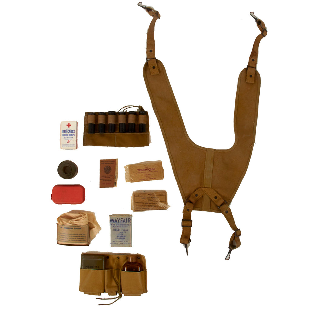 Original U.S. WWII Medical Equipment & Supplies Lot with Medic Yoke Suspenders Unit-Marked to 168th Infantry, 42nd Division Original Items