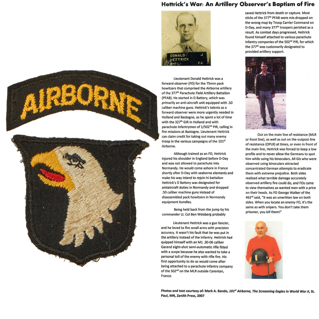 Original U.S. WWII Rare English Made 101st Airborne Division Patch with Rocker Belonging to Lt. Donald Hettrick - 377th PFAB Original Items