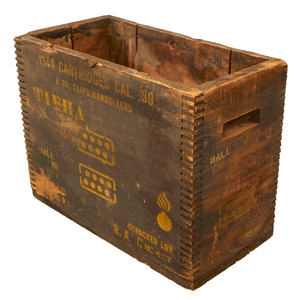 Original U.S. WWII Small Arms .30 Cal M2 Ball 1344 Cartridges in 8 Rd. Clip Bandoleers Wooden Ammunition Crate Original Items