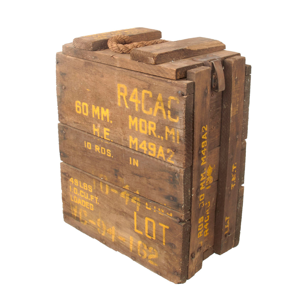 Original U.S. WWII 60mm Mortar Round Crate with Rope - Dated October 1944 Original Items