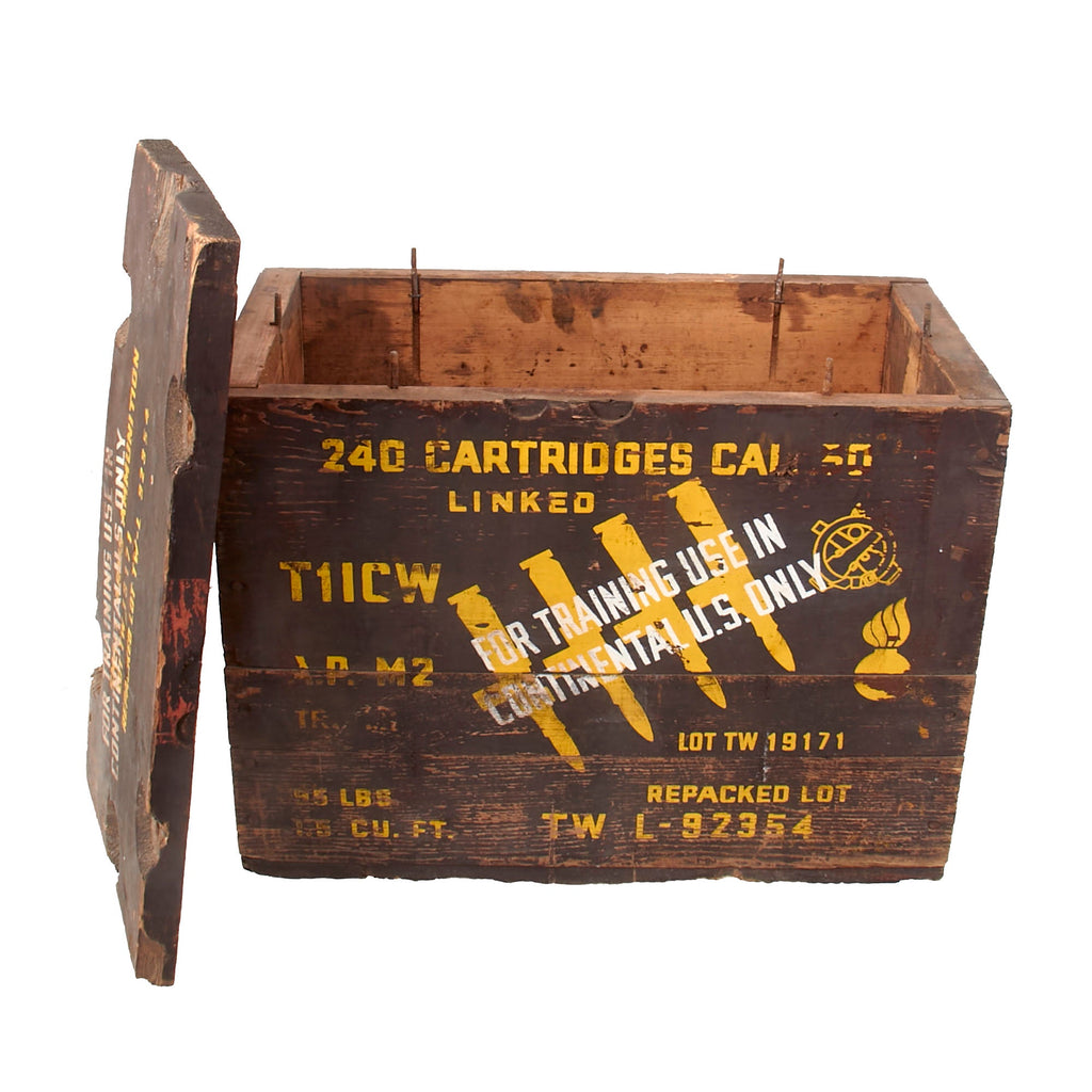 Original U.S. WWII Small Arms Linked A.P. M2 .50cal Model 1917 Wooden Ammunition Crate Marked for Training Use in Continental U.S. Only Original Items