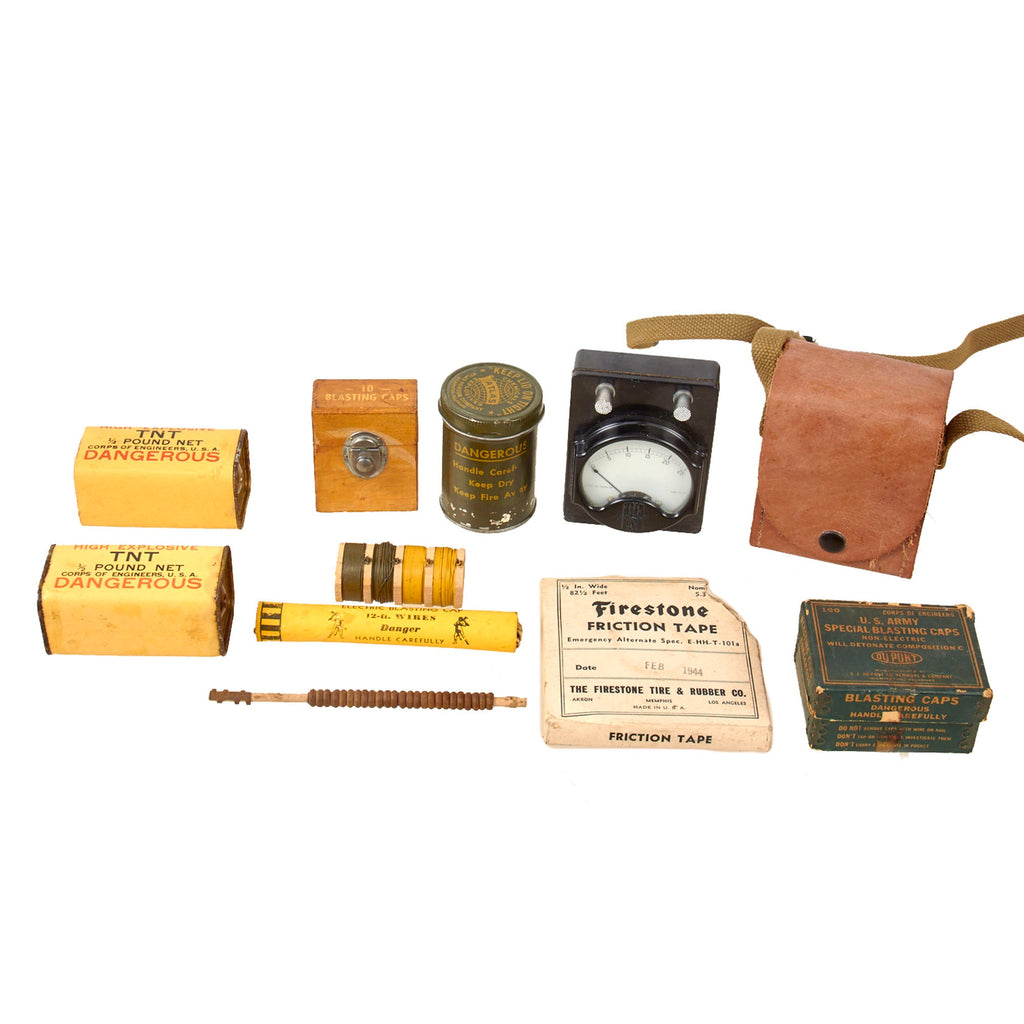 Original U.S. WWII Inert Engineering Demolition Blasting Galvanometer, 1/2 LB TNT Blocks, Blasting Caps and Friction Tape with Wires - Excellent Original Items