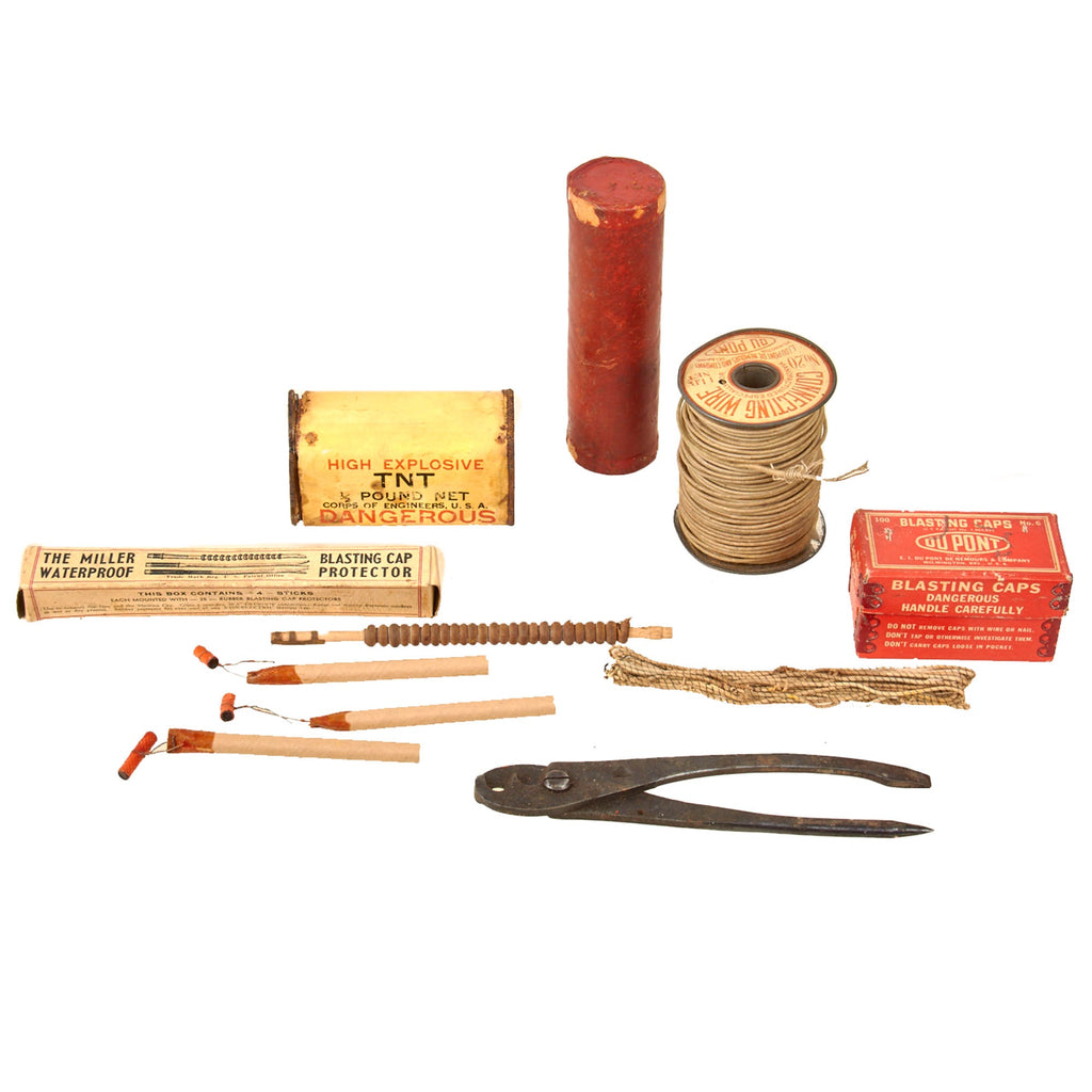 Original U.S. WWII Inert Engineering Demolition Set with Connecting Wire, 1/2 LB TNT Block, Blasting Cap Boxes and More Original Items