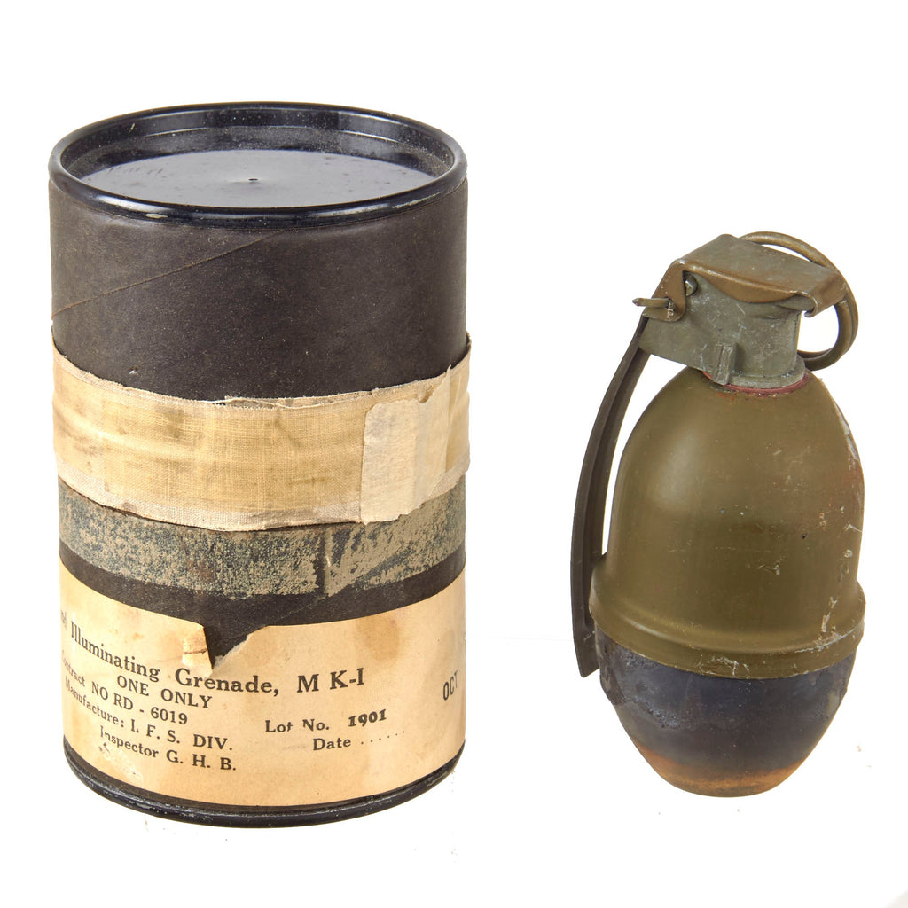 Original U.S. WWII Mk 1 Illumination Hand Grenade in Original Transport Husk - Dated October 1944 - Inert Original Items