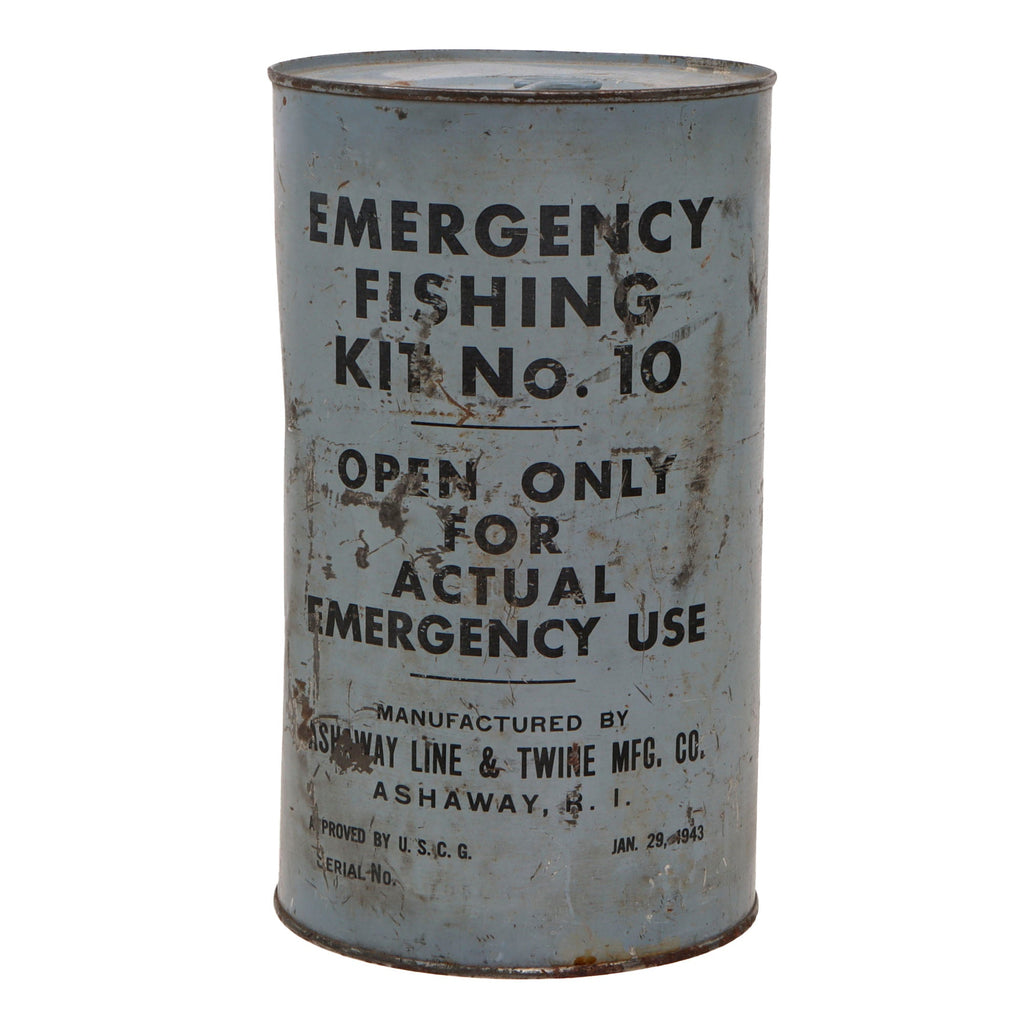 Original WWII U.S. Coast Guard Emergency Fishing Kit No.10 by Ashaway Line & Twine Mfg. Co. Still Sealed In Original Can With Key Original Items