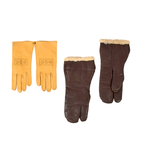Original U.S. WWII AAF Type A9 Leather Gauntlet Gloves & Navy Type B-3A Flying Gloves - Two Sets Original Items