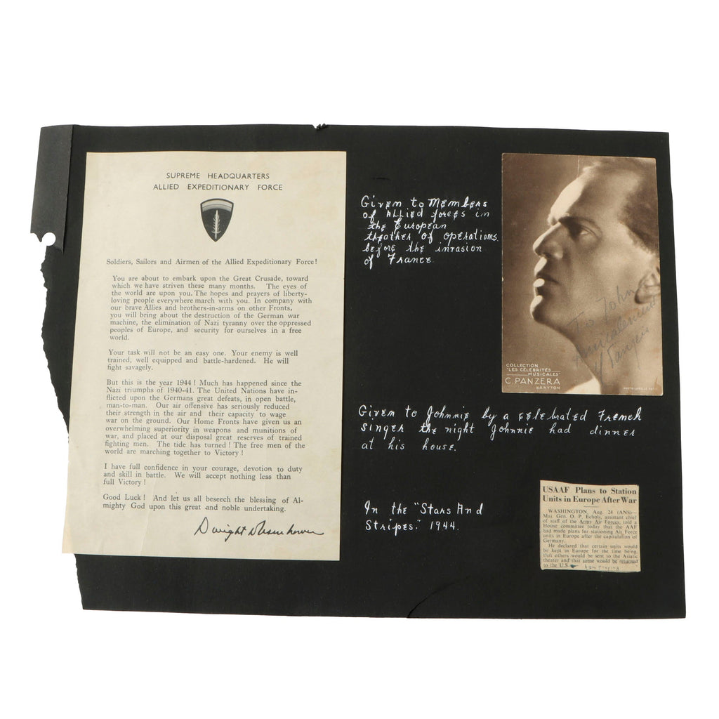 Original U.S. WWII Soldier Scrapbook Page with SHAEF Eisenhower Letter Sent to the Troops Before D-Day Original Items
