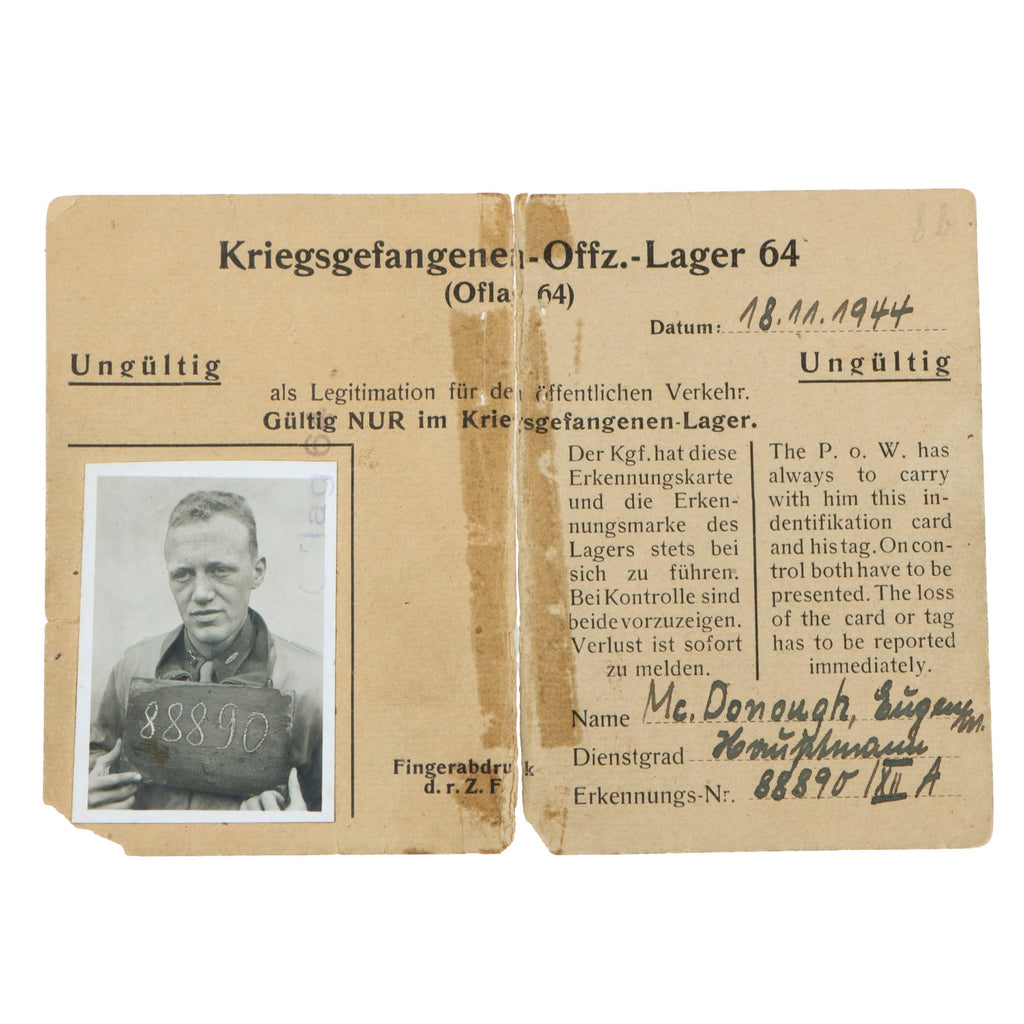 Original German WWII Prisoner of War Officer’s Camp 64 ID Card of U.S. 746th Tank Battalion Captain Eugene M. McDonough Original Items