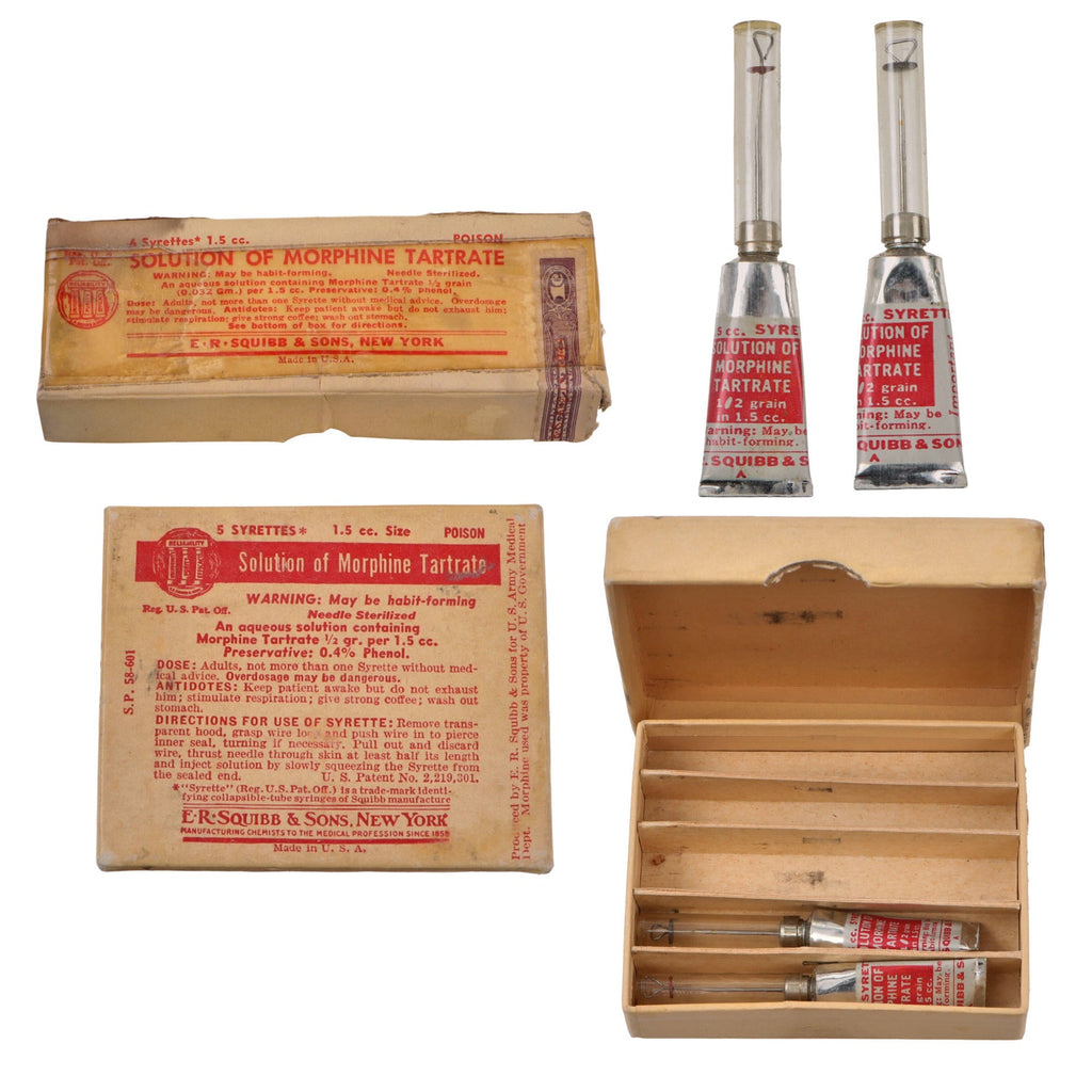 Original U.S. WWII Combat Medic Set of Two EMPTY Morphine Syrettes in Original Box for Five by E.R. Squibb & Sons of New York with Empty Morphine Tartrate Box - Rare Original Items